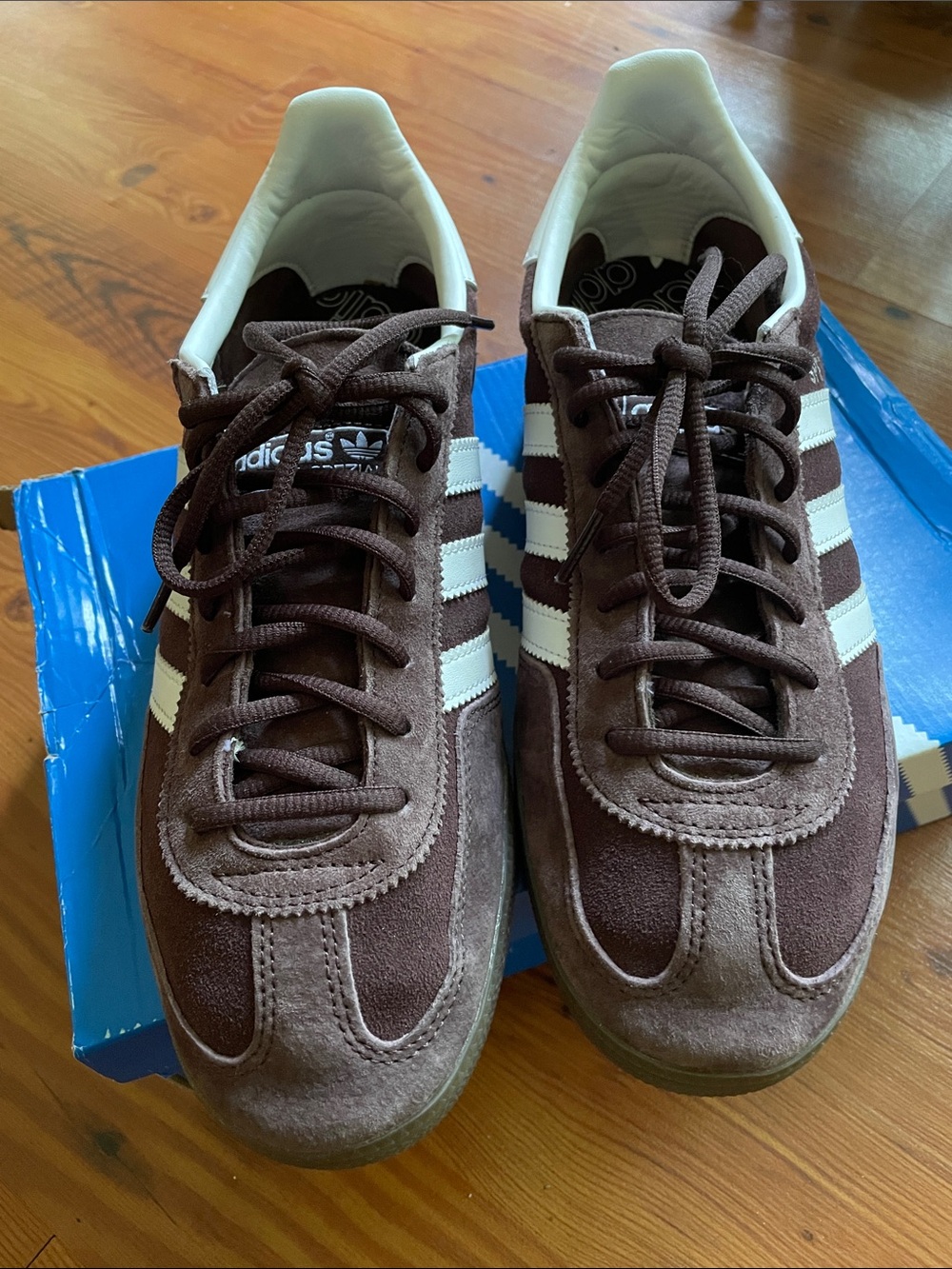Adidas  Brown Suede Handball Spezial Sneakers with White Stripes and Gum Soles